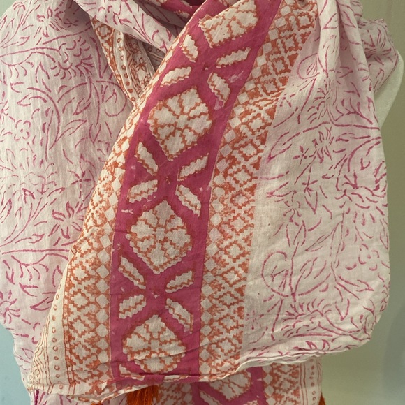 Block print lightweight cotton oversized pink orange scarf wrap pareo sarong - Picture 2 of 9